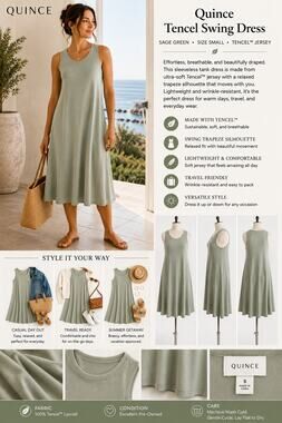 Quince Tencel Dress S Sage Green Tank Swing Trapeze Jersey Travel Casual Relaxed